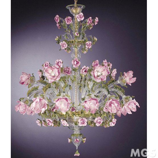 Rosai Kronleuchter, Kronleuchter mit Blumen in rosa Glas mit achtzehn Lichter einfügen