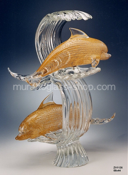 Pair of Dolphins 1136, Overlapping Dolphins paar Wellen Glas