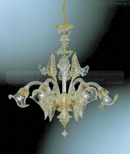 Kronleuchter aus Murano-Serie 137, Kristall-Kronleuchter mit goldener Verzierung um sechs Lichter