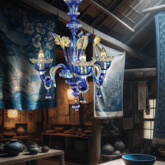 Blu Kronleuchter, Kronleuchter mit fünf Lichter in der blauen Farbe Gold