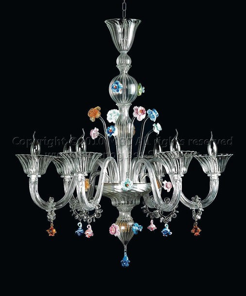 Ponti Kronleuchter, Kristall-Kronleuchter mit Details in Farbpaste mit acht Lichtern