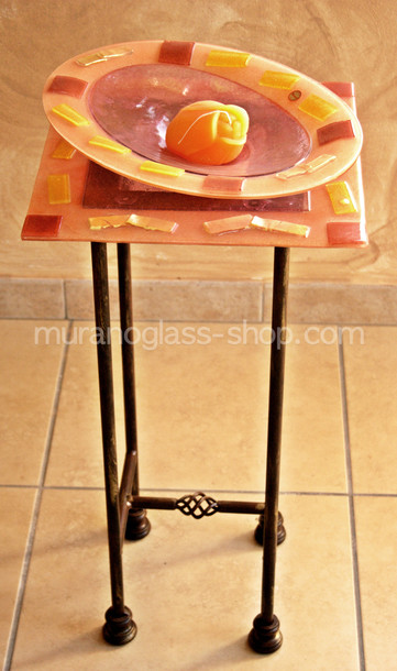 Glasmöbel Serie 30, Telefon-Stand in lachsfarben Glas und Gold Fliesen
