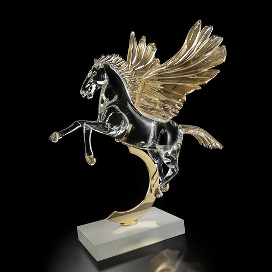 Pegasus-Pferd, Pegasus-Pferd aus Kristall und 24 Karat Gold auf Sockel