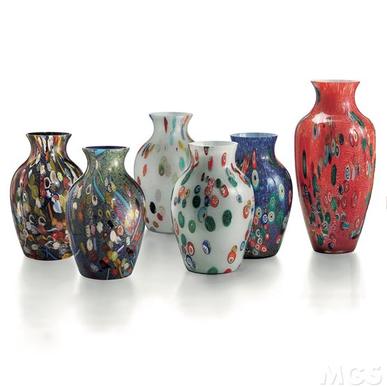 Cape Code Vase, Blaue Vase mit Silber und Murrine