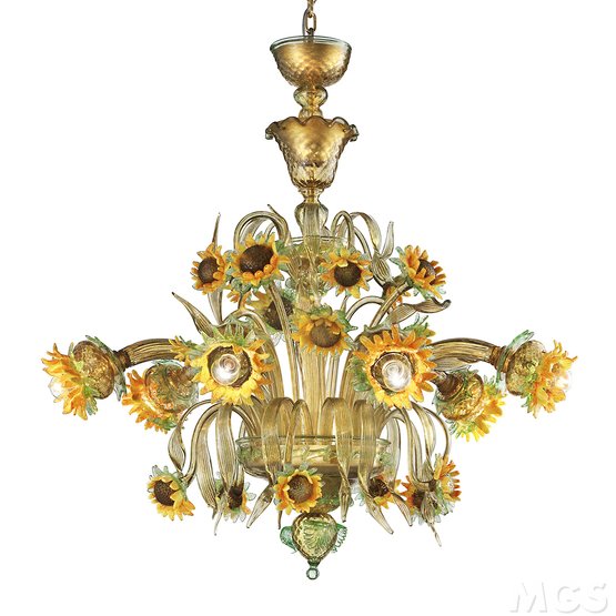 Sonnenblumen-Kronleuchter, Kronleuchter aus Kristall und Bernstein mit schönen Sonnenblumen in farbiger Paste.