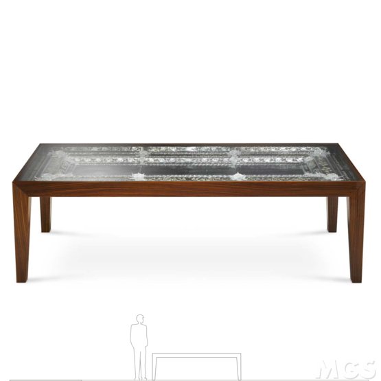 Expos e Tabelle, Palisander Tisch und transparente Glasplatte mit Innen